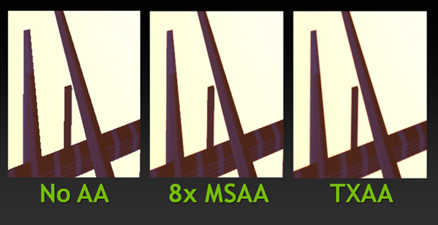 Image shown without anti-aliasing, with 8x MSAA, and with TXAA. Image shown without anti-aliasing, with 8x MSAA, and with TXAA.